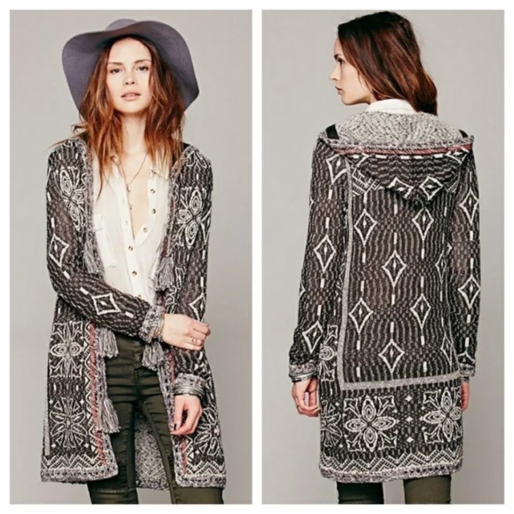 Free People Kai Tassel Pom Pom Tapestry hooded Cardigan Sweater 31732